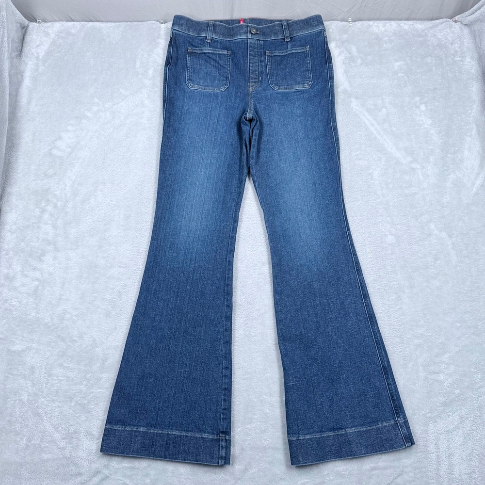 Spanx Everywear Flare Jeans Women Large Tall Blue Patch Pocket High Rise 20850T